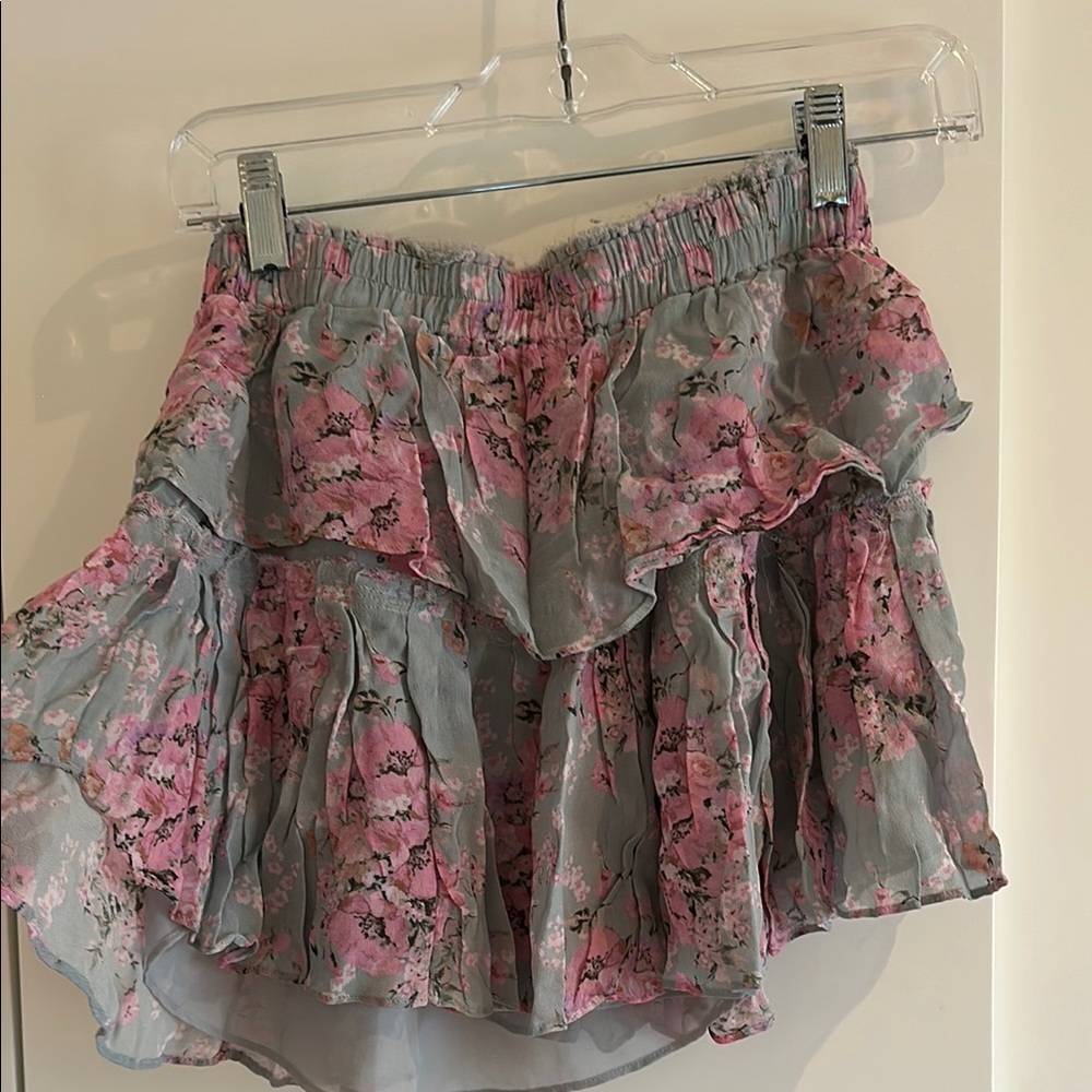 LoveShackFancy Gray and Pink Tiered Mini Skirt